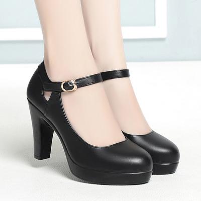 Genuine Leather Shoes Women Round Toe Platform Pumps Sapato Feminino High Heels Fashion Ladies Black Work Shoes Plus Size 34-42