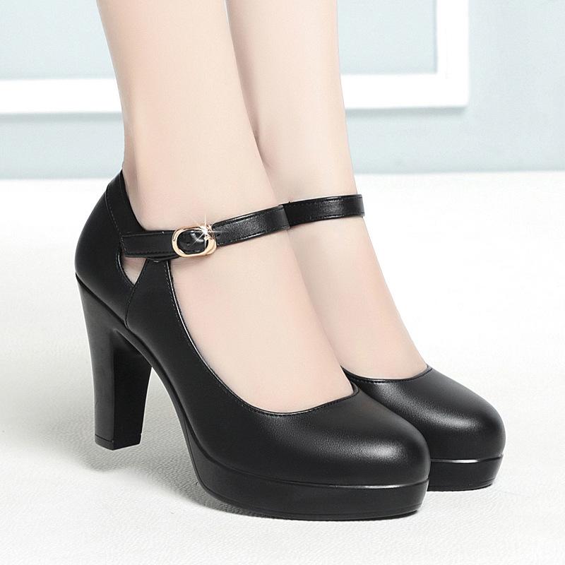 Genuine Leather Shoes Women Round Toe Platform Pumps Sapato Feminino High Heels Fashion Ladies Black Work Shoes Plus Size 34-42