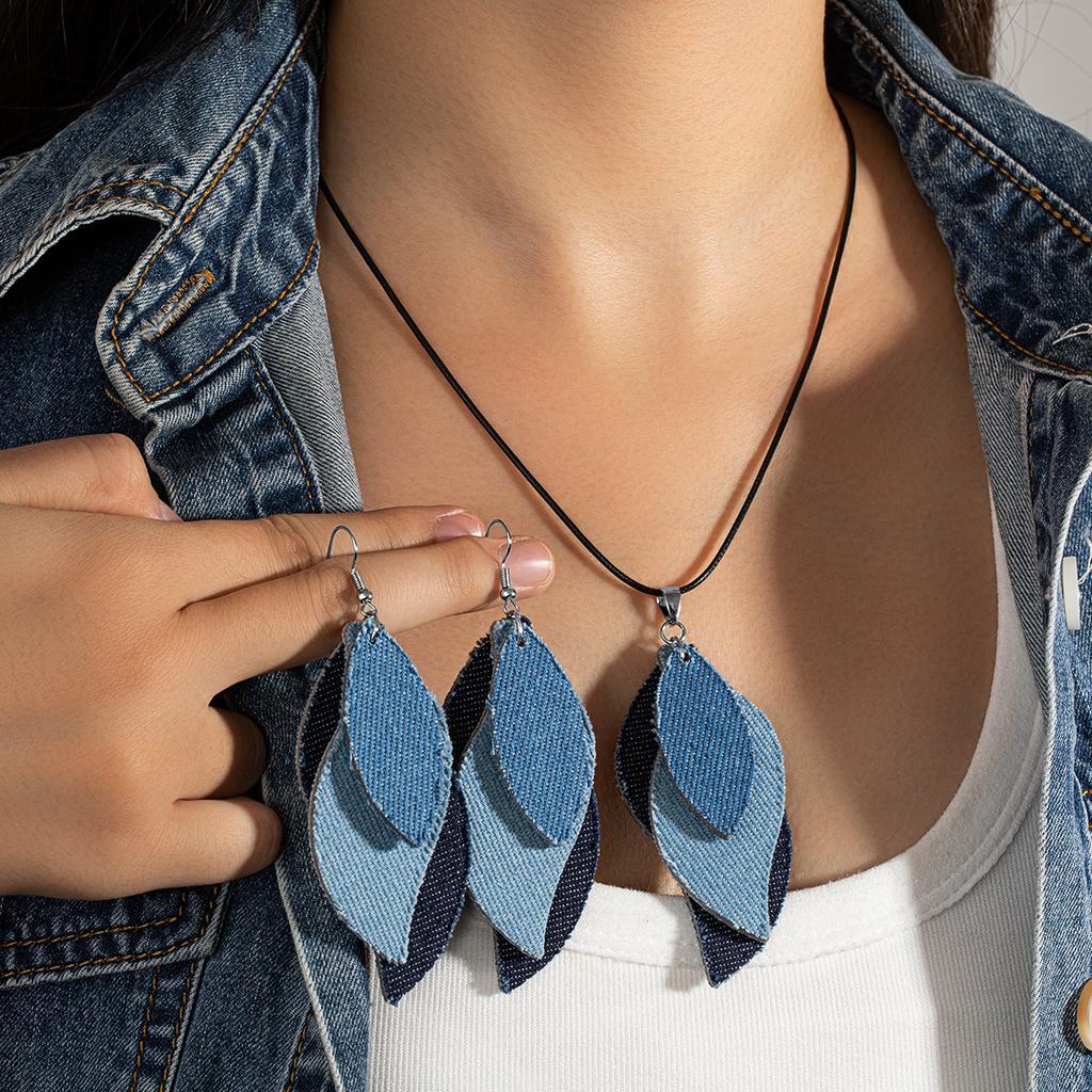 Bohemian Style Multi-Layer Denim Leaf Pendant Earrings Leather Cord Necklace Elegance Versatile Women's Jewelry Set