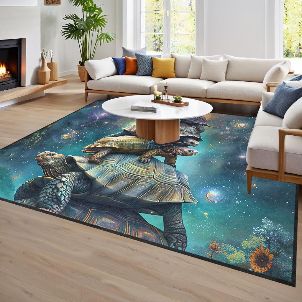 Funny Sea Turtle Rug for Kids Room, Galaxy Ocean Theme Carpet, Cartoon Playroom Floor Mat, Non-Slip Bedroom Rug
