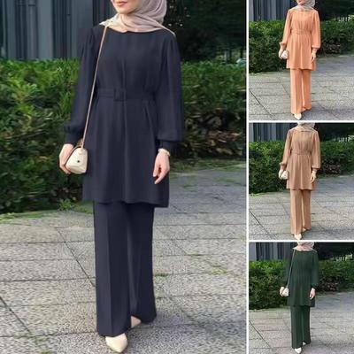 Cross-Border Middle Eastern Women's Round Neck Long Sleeve Belted Top and Elastic Waist Pants Set