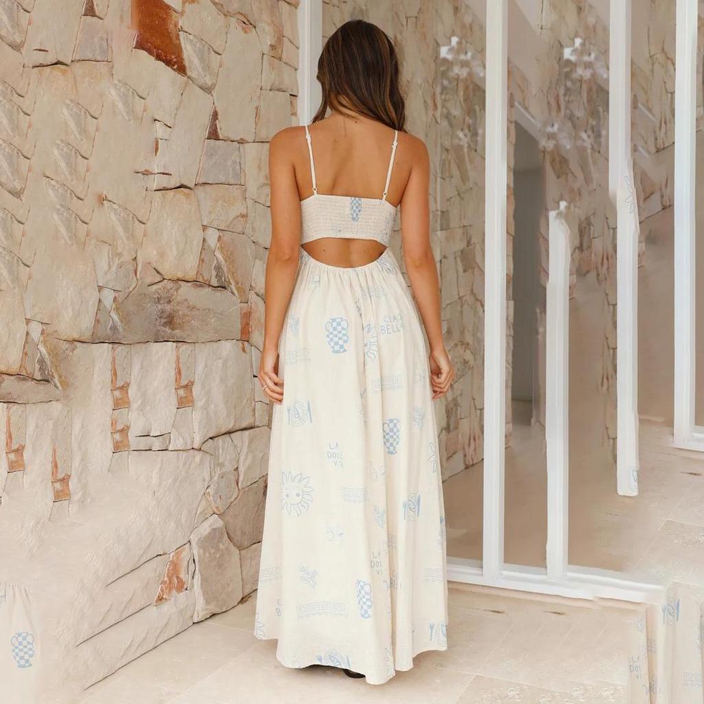 Women Spring Sleeveless Print Slim Suspender Camisole Dress Summer Casual A-Line High Waist Backless Long Dresses S-XL