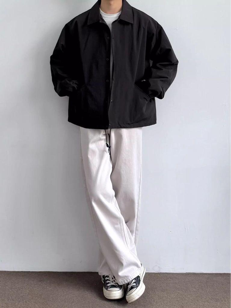 Herren Japanische Retro Locker Geschnittene Coachjacke - Umlegekragen, Vielseitige Unifarbe, Schlichte Frühling/Herbst Arbeitskleidung, Trendiger Uniformstil.