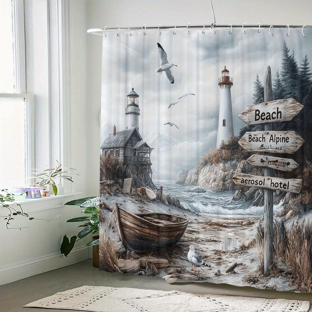 Misty Coastal Landscape with Lighthouse Shower Curtain for Bathroom Decor, Perfect for Adding Serene Charm