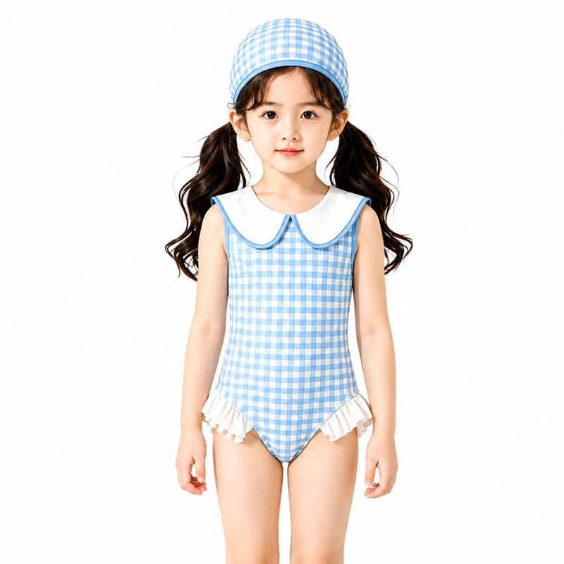 Girls Sleeveless One-Piece Swimsuit With Collar Plaid Japanese Style Comfortable Swimwear Pool Beach