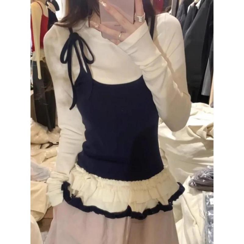 2KWEIRD Korean Woman T Shirts Fake Two Chic Tees Long Sleeve O-neck Ruffles Sweet Camisetas Bandage Casual Y2k T-shirts