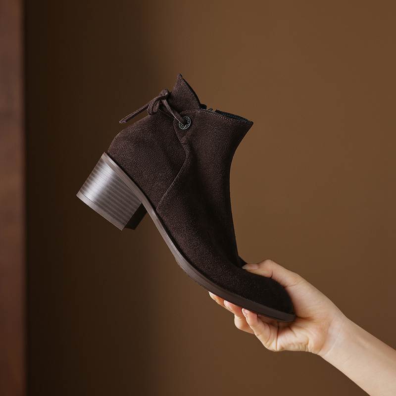 Krazing Pot Cow Suede Nubuck Round Toe Thick Heels Chelsea Boots Size 42 Slip on Women Butterfly-knot Ankle Boots