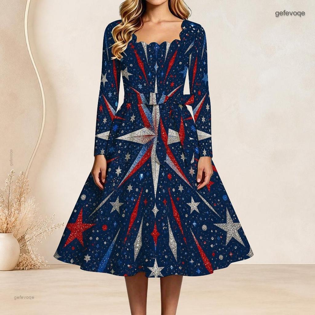 Women Plus Size Square Neck Long Sleeve Starry Printed Navy A Line Dress With Belt