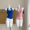L3326# Women's Double-Layer Halter Cowl Neck Cami - 2025 Summer Backless Strapless Design