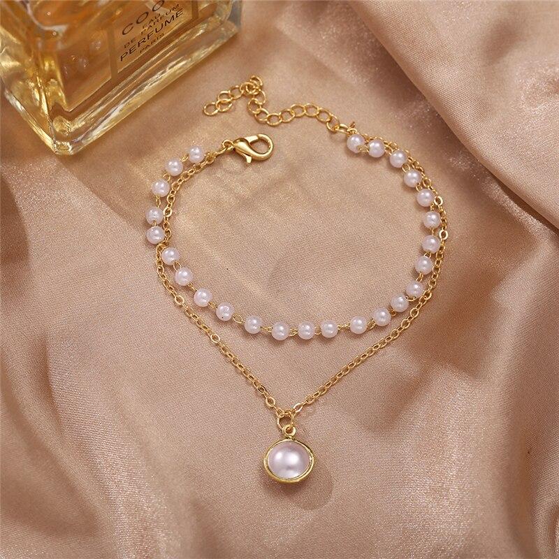 17KM Moda multi-camada pérola pingente pulseira para mulheres meninas bonito ouro prata cor corrente pulseiras jóias presente