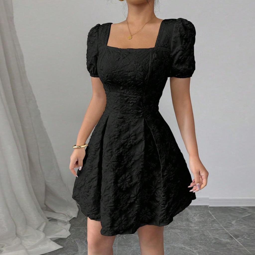 Women's Fashionable Color Square Neck Bubble Short Sleeved Dress With Temperament