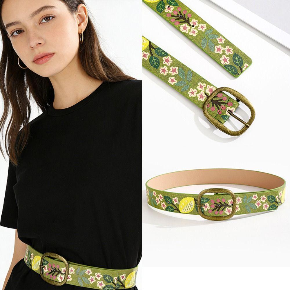 Antieke Metalen Gesp Canvas Tailleband Pin Gesp Boho Tailleband Bloemenprint Riem Voor Vrouwen