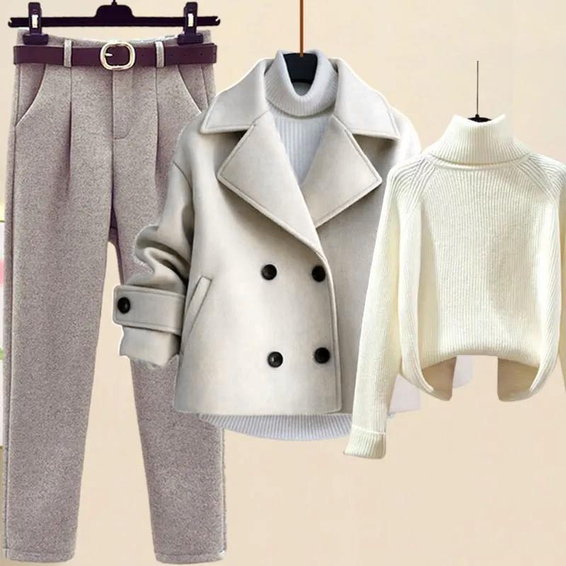 Autumn Winter Coat Loose Wide Leg Pants Three Piece Set for Women Plus Size Comfortable Lazy Style Fashionable