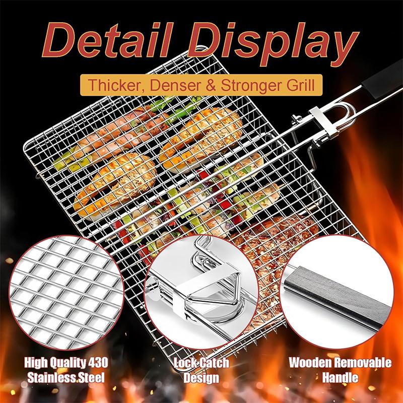 Portable BBQ Grill Basket Folding Fish Vegetable Grilling Basket Stainless Steel Grill Basket for Camping Picnics JT455