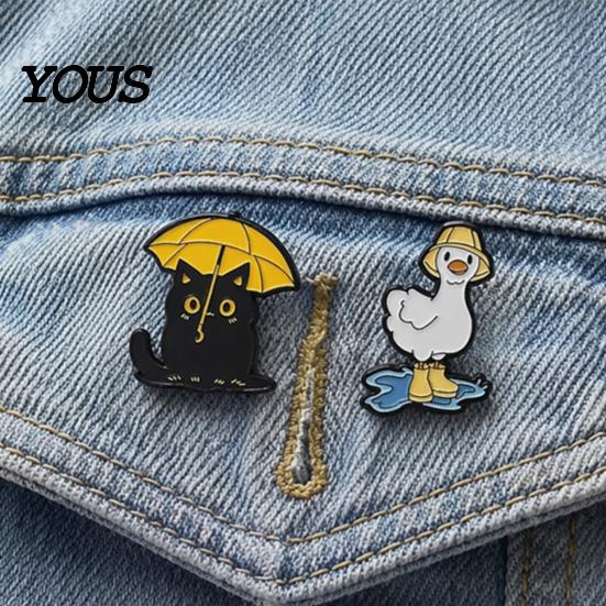 Weather-themed Brooch Enamel Brooch, Rainy Day Animal Pin, Black Cat Umbrella Duck Treading Water Rain Accessories Badge, Vivid Expressions
