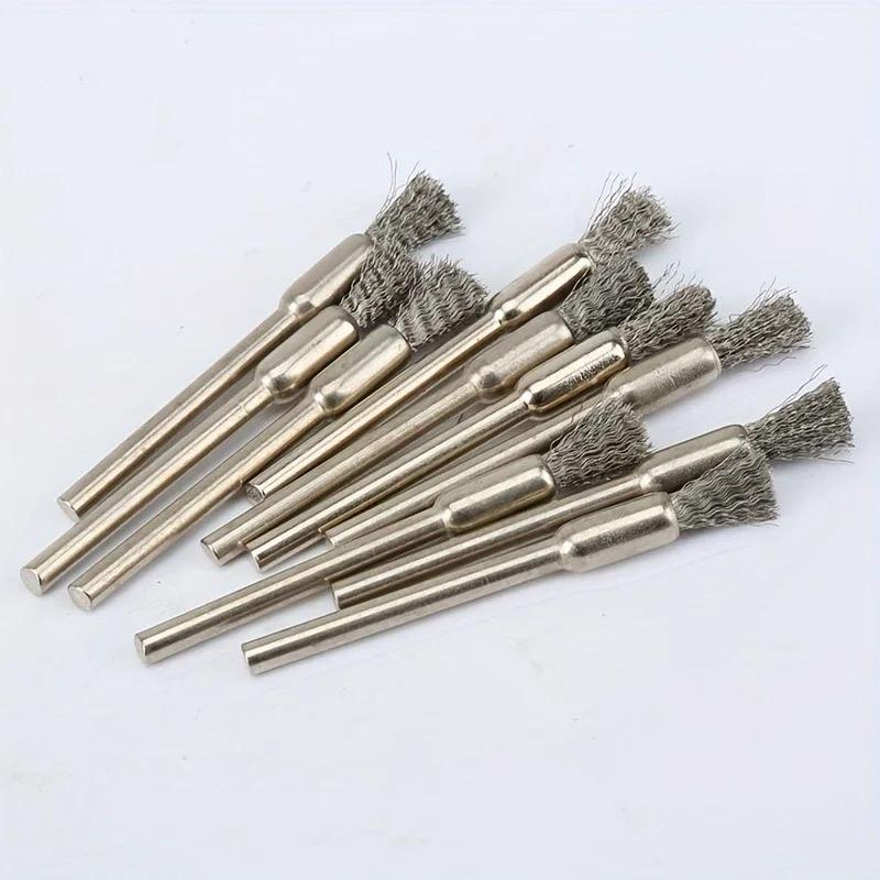 10 Stainless Steel Wire Brushes with A 3mm Handle - Ideal for Rotating Tools, Ideal for Cleaning, Rust Removal and Sanding