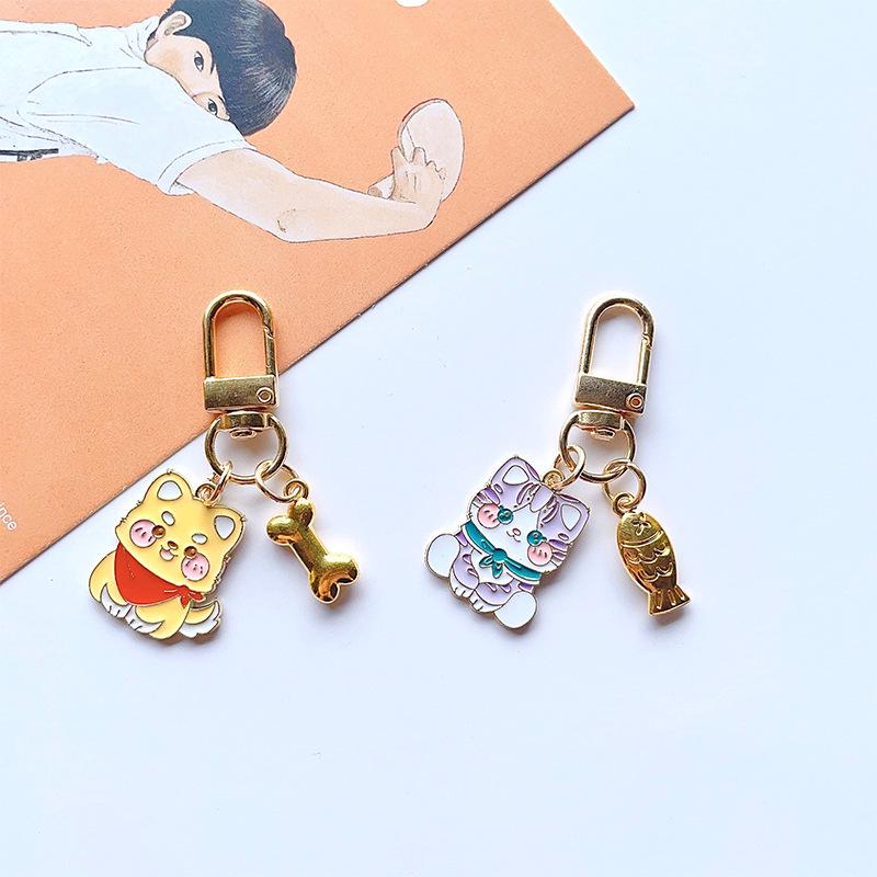 Japanese Style Cute Cat & Puppy Drip Oil Keychain - Cartoon Alloy Pendant Bag Charm