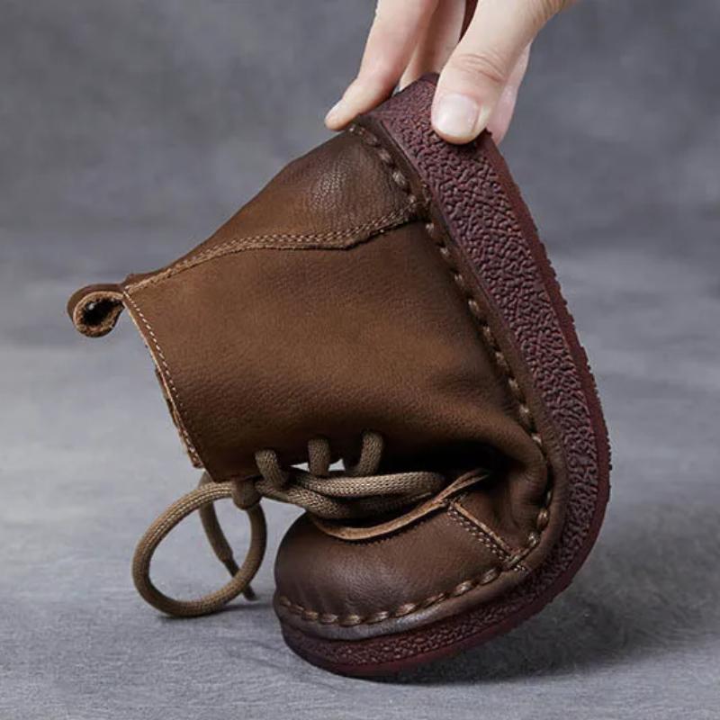 Johnature Genuine Leather Soft Soled Retro Women's Shoes Versatile Round Toe Lace Up Flat Ankle Boots