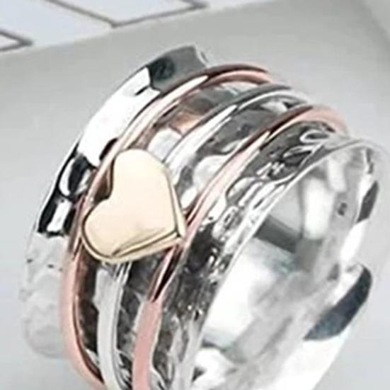 Women Ring Rotatable Bi-color Fun Elegant Retro Stress Relief Casual Love Heart Charm Finger Ring Fashion Jewelry