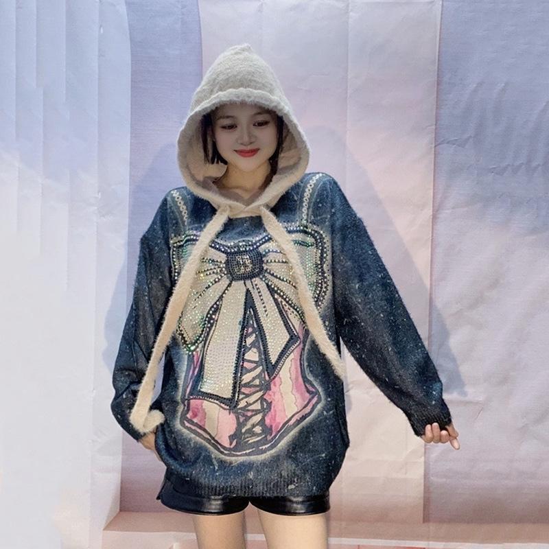 Women's Autumn Winter Bowknot Hooded Sweater: High-End Knitwear, Lazy Style, Loose Fit, Plus Size, Slimming Top