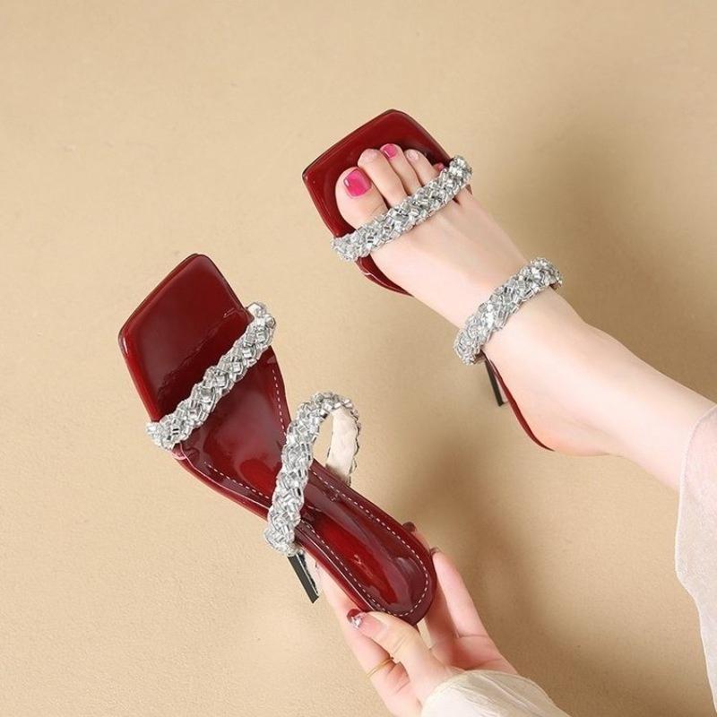 Fairy Style Square Toe Open-toe Sandals and Slippers Summer New Wear Rhinestone Straight Belt Special-shaped Wedge Slippers
