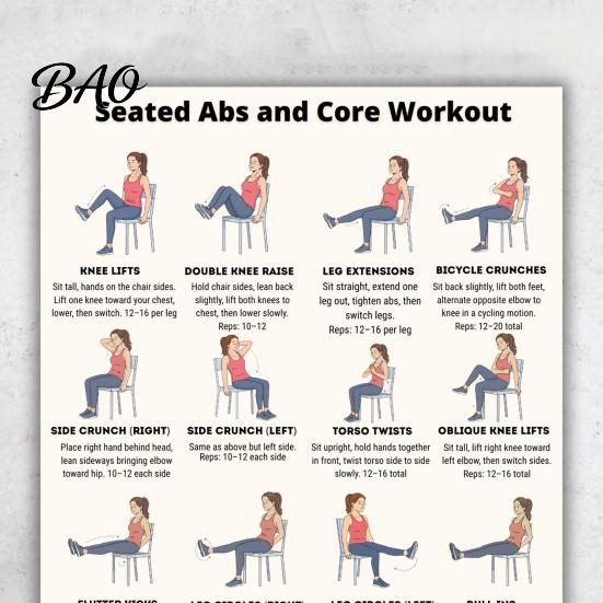 Abdominal Exercises Sitting 2 Sheets Seated Core Exercise Poster, Chair Workout Chart for Portable Reference Abs, Home Gym Wall Art, Strength Training