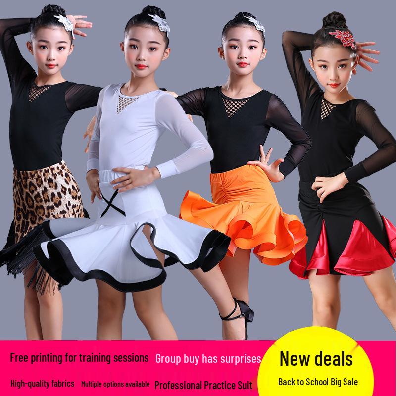 Girls' Exam Grade Latin Dance Costume Set - Long Sleeve Jumpsuit with Skirt for Autumn Practice
