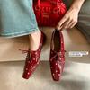 Niche Design French Rivet Lace Square Head Single Shoes 2025 Spring Height Increase Low Heel Inside and Outside Full Leather Ballet