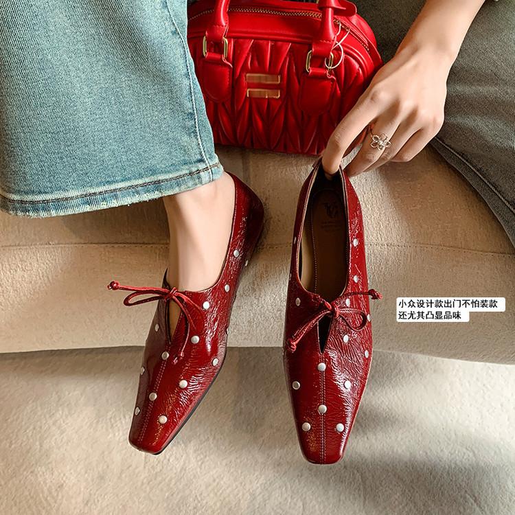 Niche Design French Rivet Lace Square Head Single Shoes 2025 Spring Height Increase Low Heel Inside and Outside Full Leather Ballet