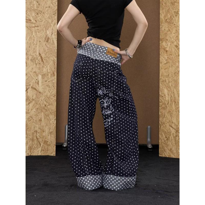 American Style Polka Dot Embroidered Wide Leg Jeans Men Women Casual All-match Long Pants