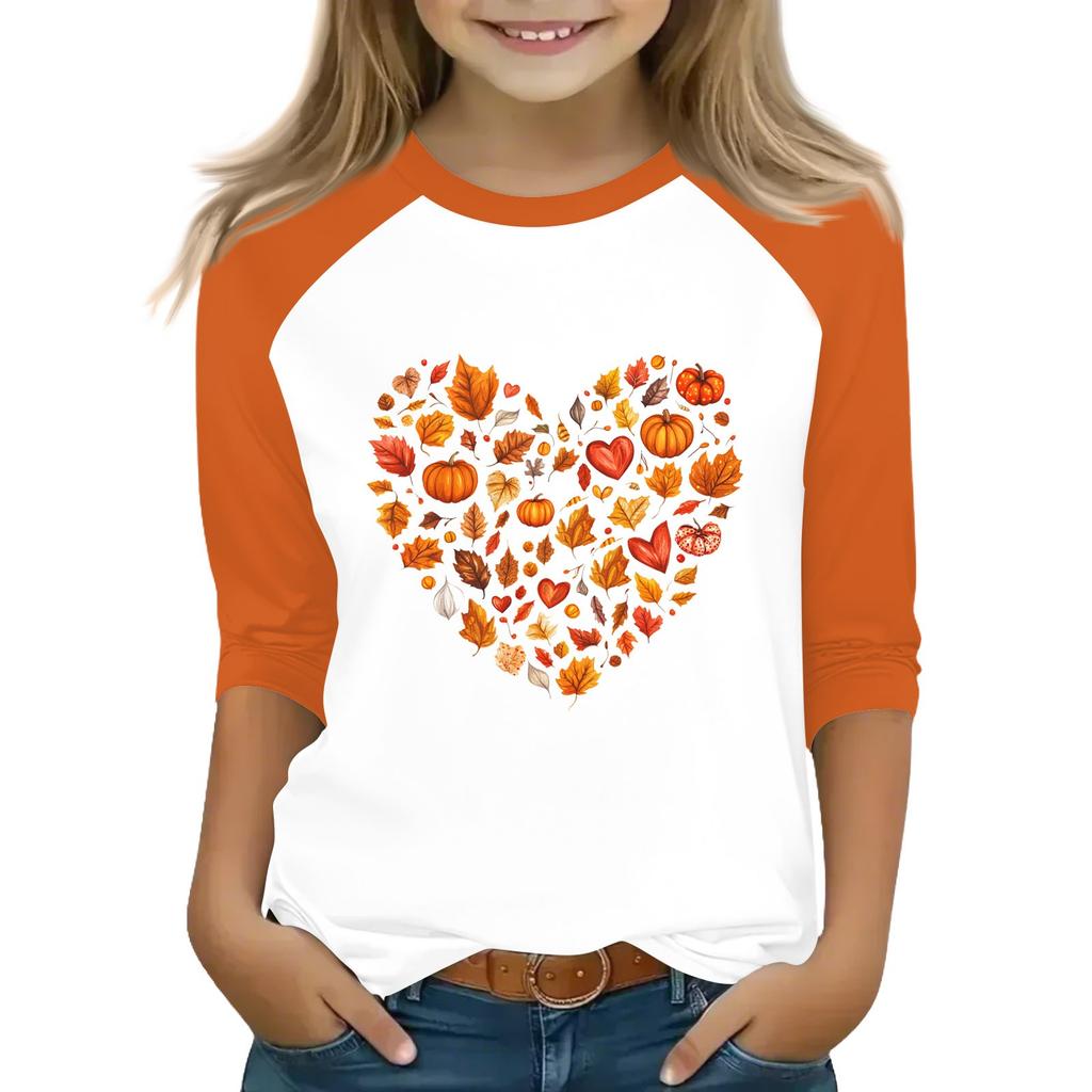 Tops For Youth Girls 4-16 Years Round Neck 3/4 Sleeves T-Shirts Trendy Tops Outfit Tees Halloween Day