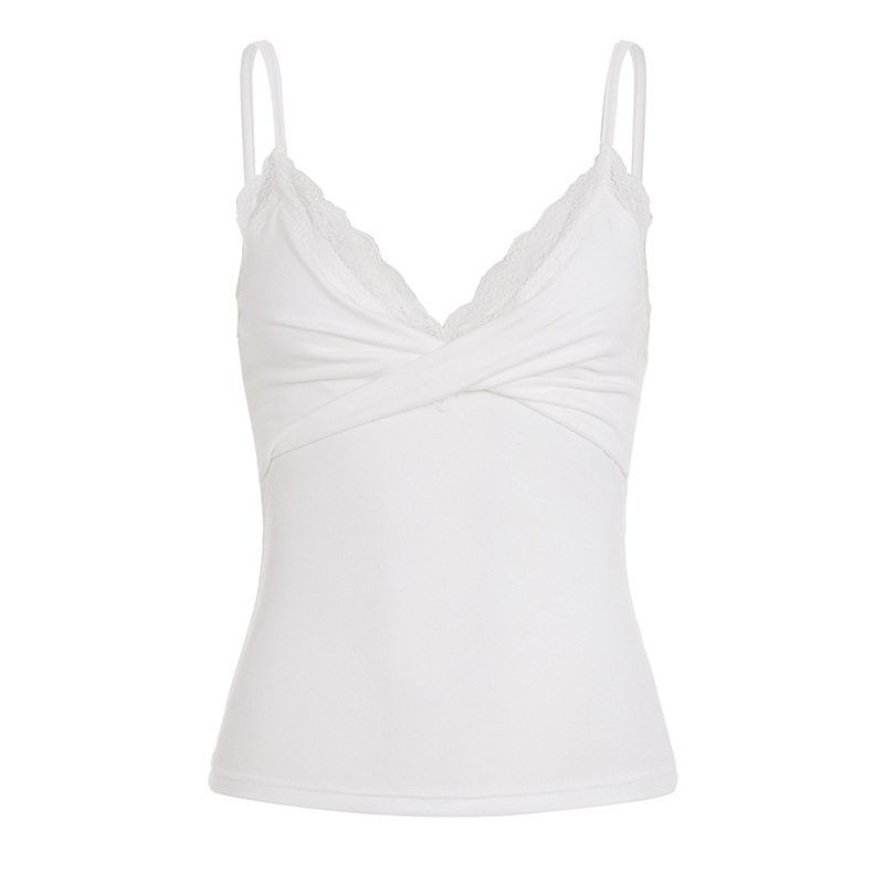 

Trendy and Alluring V-Neck Twist Design Camisole with Lace Trim, Solid Color Short Style Spicy Girl Tank Top White S