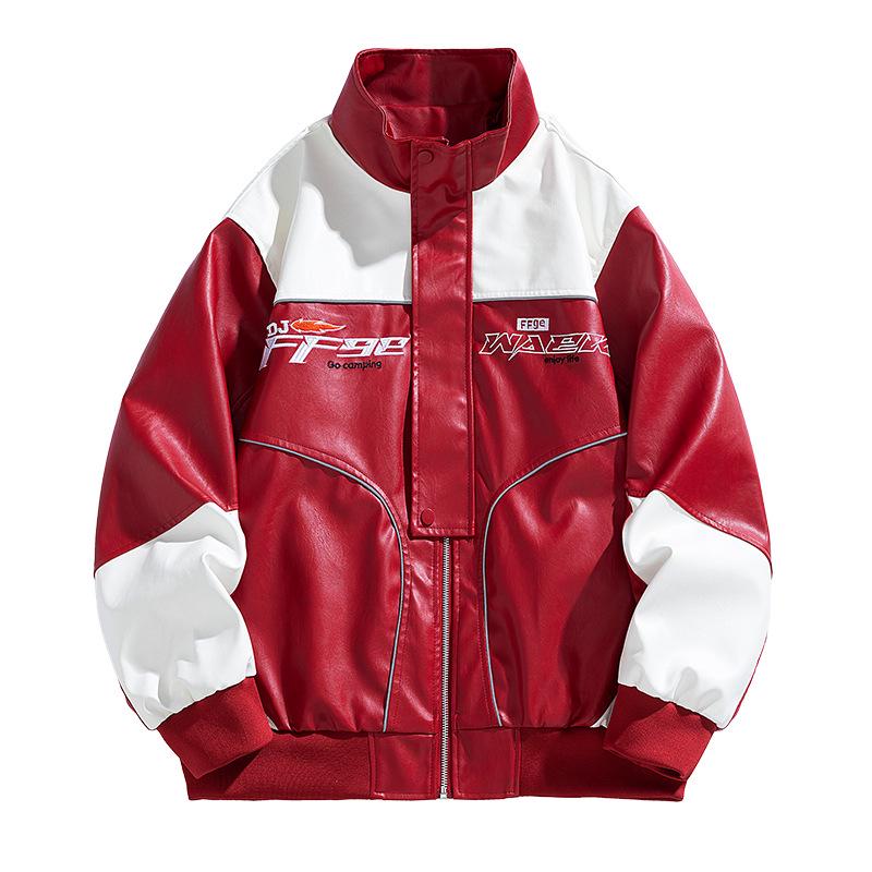 American Style PU Leather Men's Retro Motorcycle Jacket - Stand Collar, Color Block, Spring/Autumn Coat