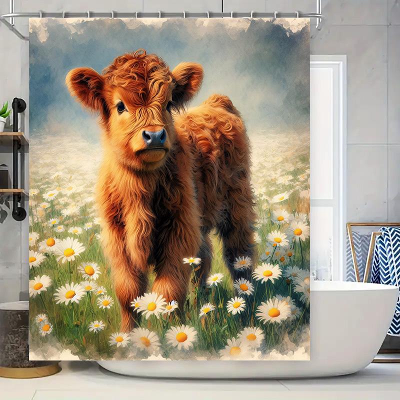 

Farm Fresh Fun Shower Curtain Adorable Cow Design With Sunny Daisy Field For Bathroom Decor W60H190(CM)-1 Pcs