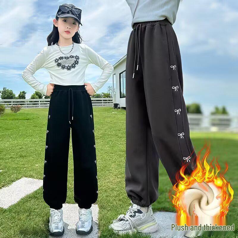 Girls' Fleece-Lined Sweatpants: Cozy Autumn/Winter Style, Thick and Versatile for Medium to Large Kids.
