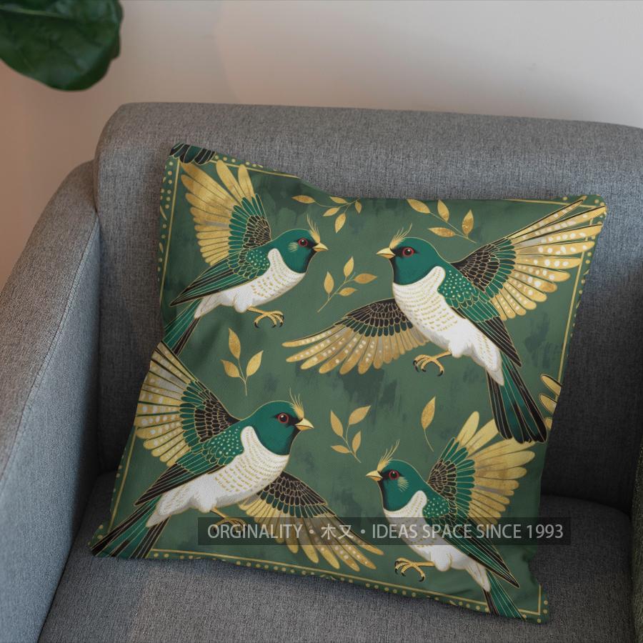 2D Elegant Green Birds Floral Pattern Pillow Cover Pattern Cushion Cover Suitable For Sofa Bedroom Car Pillow Cover