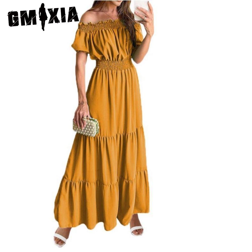 GMXIA Długa sukienka z odkrytymi plecami i elastyczną talią Popularny styl bohemy z odkrytymi ramionami