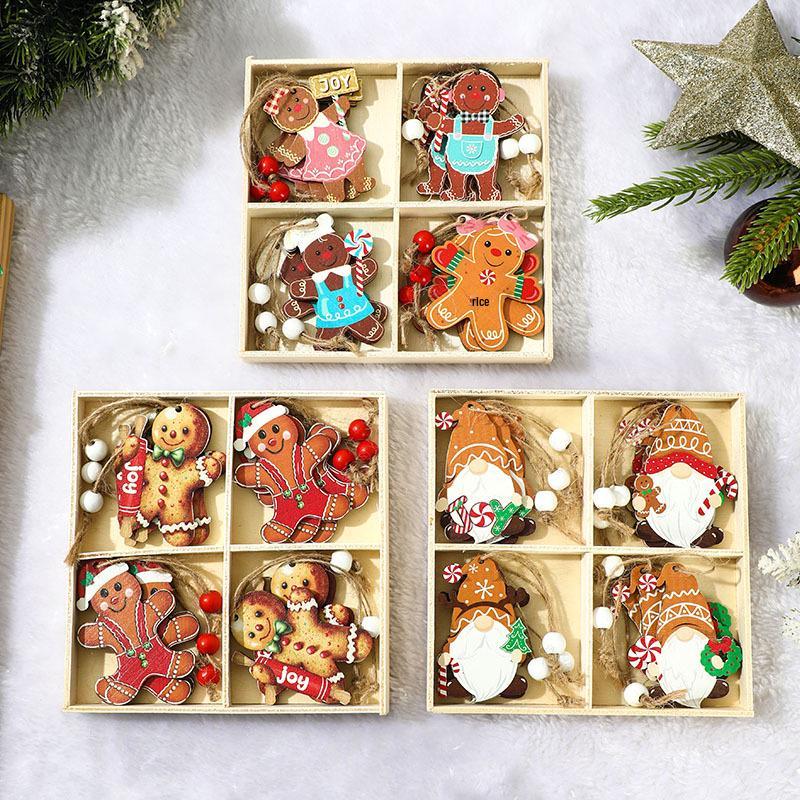 Christmas Cartoon Gingerbread Man Ornaments: 4-Piece Wooden Set for Tree & Small Gifts