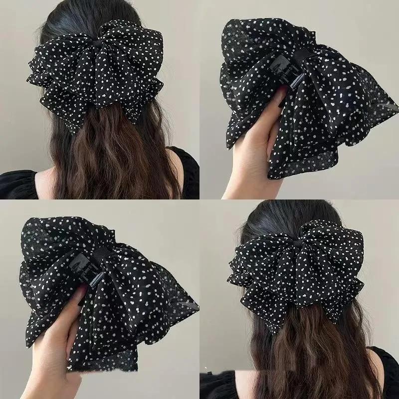 Polka Retro Dot Mesh  Big Bow Hair Clip for Woman Elegant Temperament Back of The Head Grab Clip Fashion Girl Hair Clamp