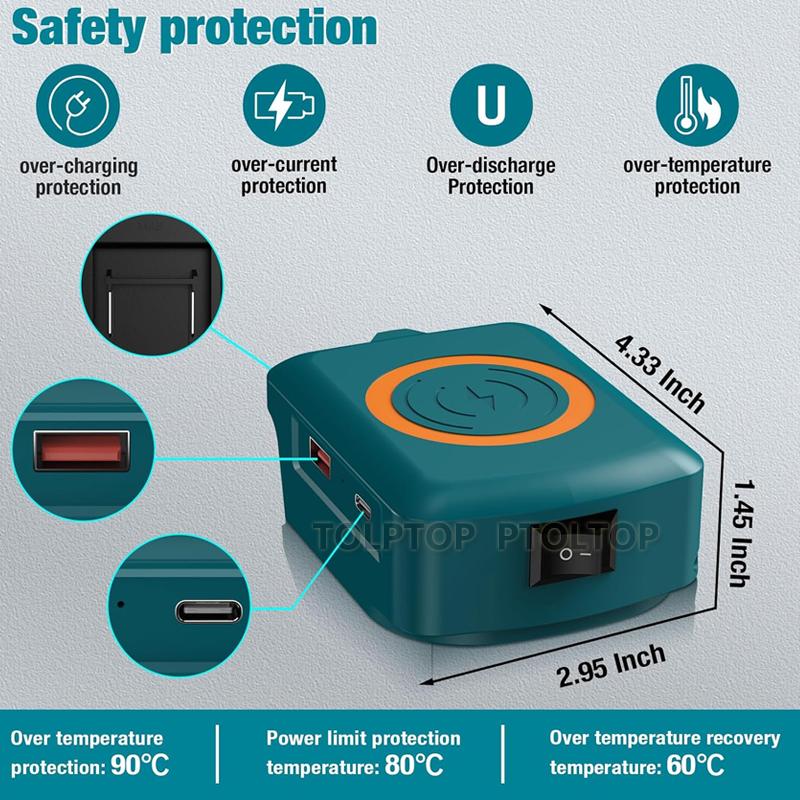 Magnetic wireless charger, for Makita/Dewalt/Milwaukee 18V Li-ion Battery, with USB/TYPE-C, Fast charging battery adapter