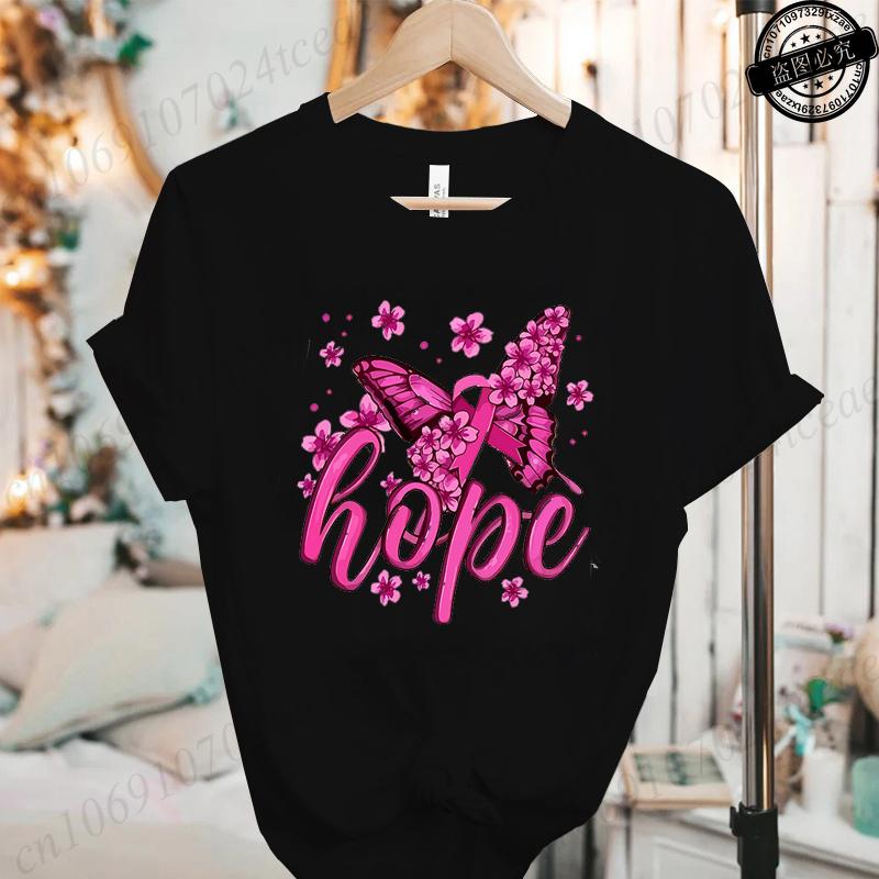 Hope Pink Ribbon Butterfly Breast Cancer Awareness Warrior Print Women's T-Shirt,Graphic Tee Tops,Casual Streetwear Fashion Tops