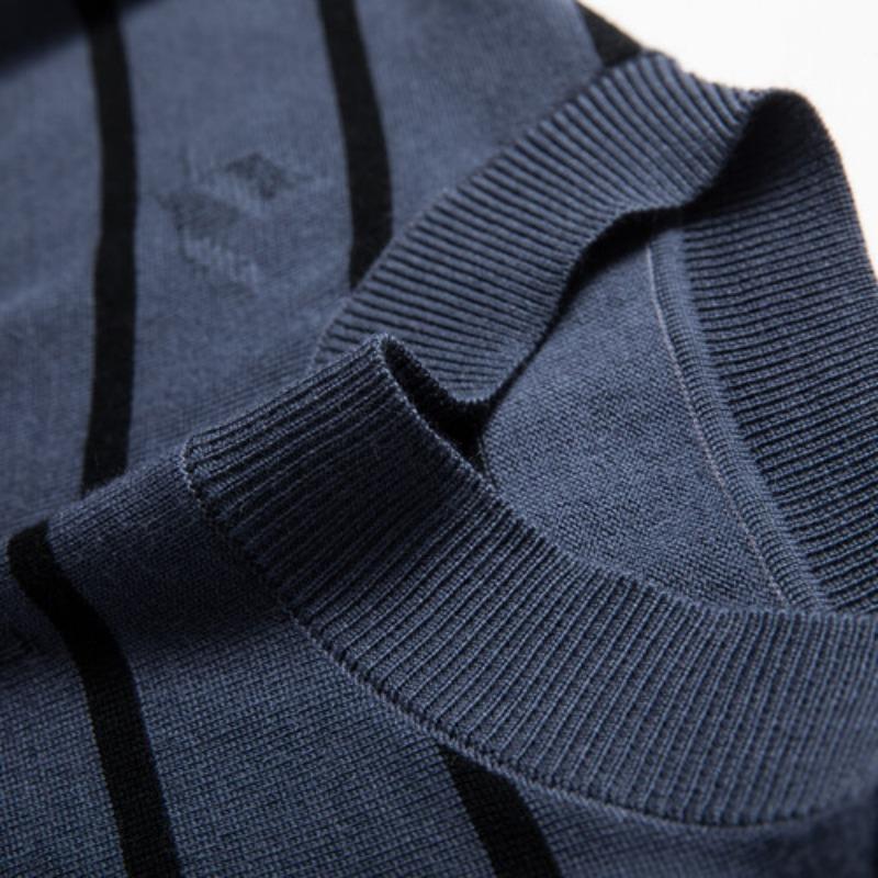 Herrenmode Lässiger Schafpullover Frühling und Herbst Neuer Wollpullover Herren Gestreift Halboher Kragen Gestricktes Unterhemd