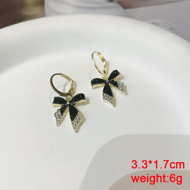 Black Dangle Earrings Crystal Square Pendants Women's Hanging Earrings Korean Bowknot Pearl Flower Earrings