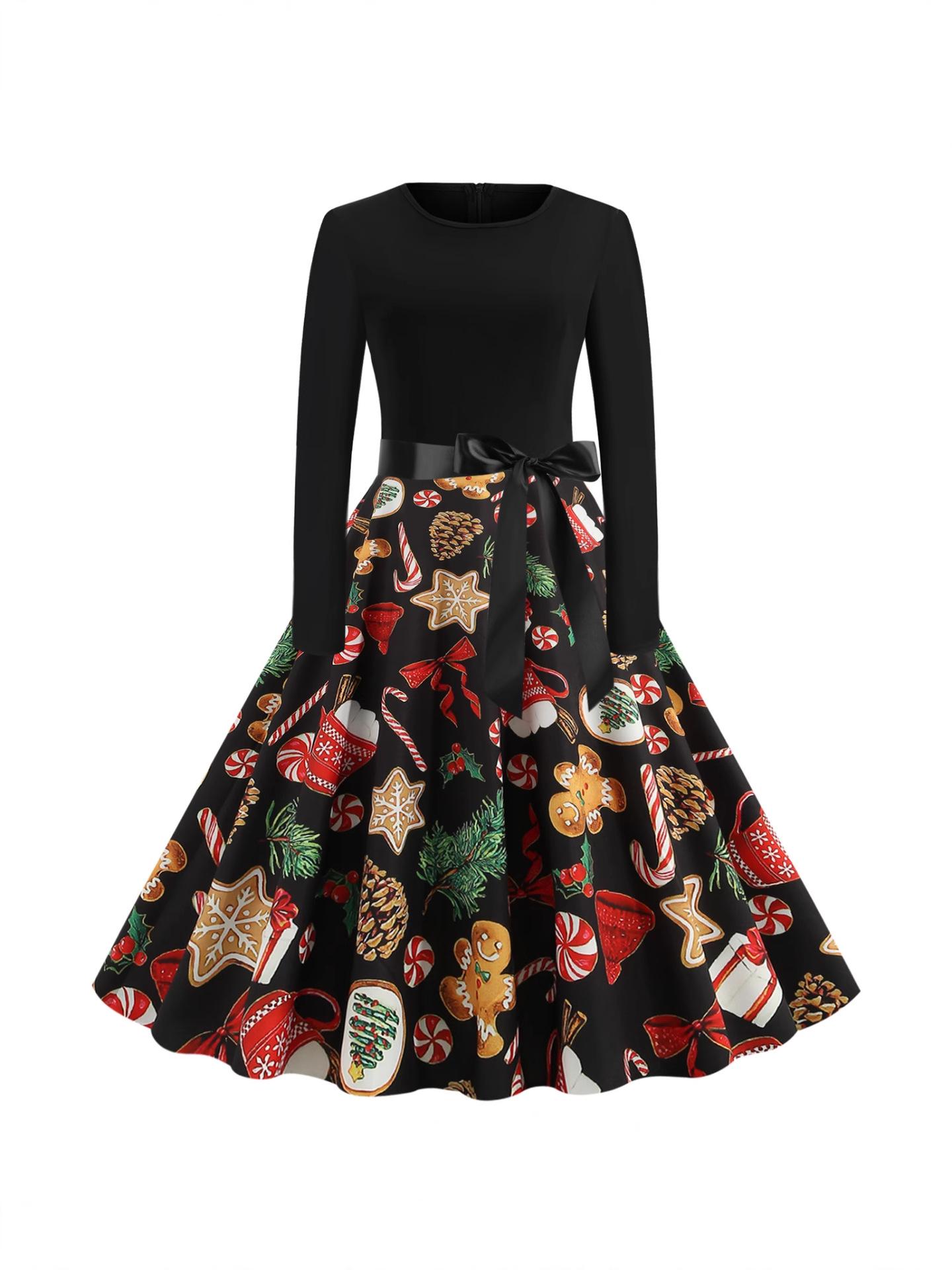 

Christmas Patchwork Round Neck Slim Fit Long Sleeve Digital Print Casual Belted Swing Dress Extra Large чорний