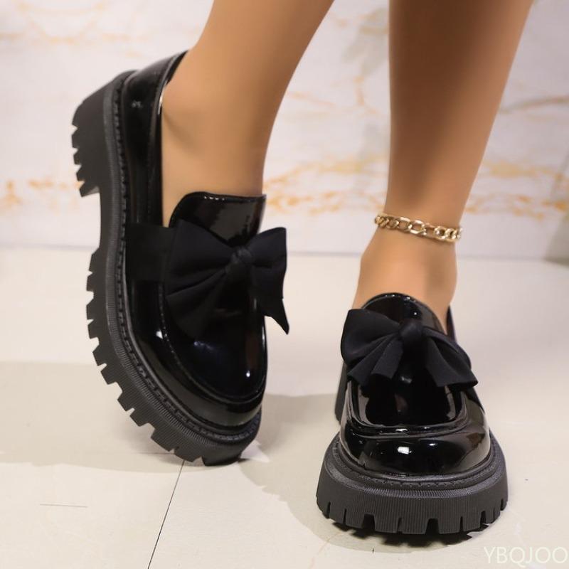 Black niche bow thick sole height increasing women's shoes retro simple comfortable anti slip wear-resistant single shoes