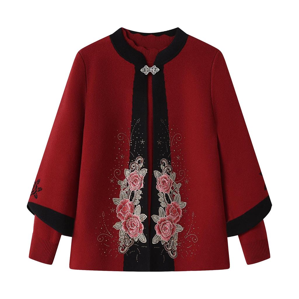Mom's Plush Thickened Knit Cardigan Two-Piece Set for Autumn and Winter - Middle-Aged and Elderly Women's Stylish Chinese Outerwear
