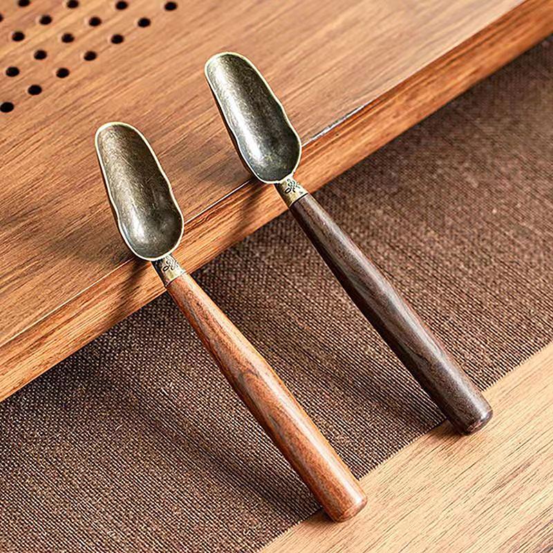 Solid Wood Tea Spoon Wooden Long Handle Alloy Divided Teaspoons Tea Kong Fu Ceremony Utensils Tea Nuts Scoop Spice Shovel