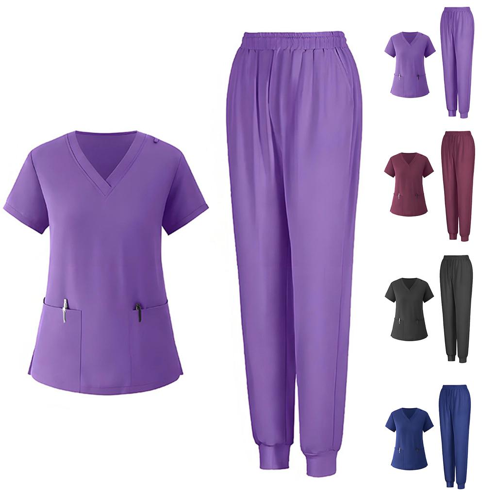 Ladies' Loose And Comfortable V-neck Short Sleeved Workwear With Multiple Pockets Suit Set