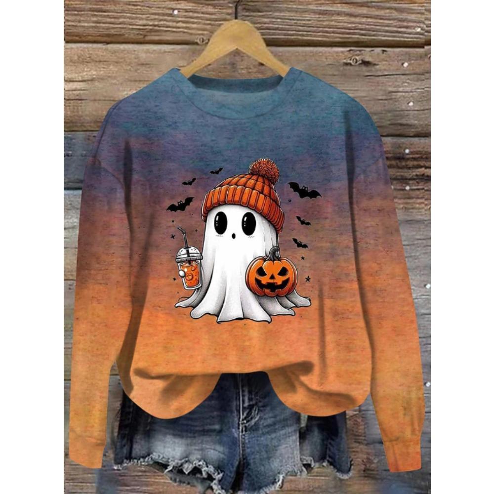 Tops for Women Halloween Print  Round Neck Long Sleeve T-shirt Fall Casual Slim Pullover Women's Long Sleeve Top