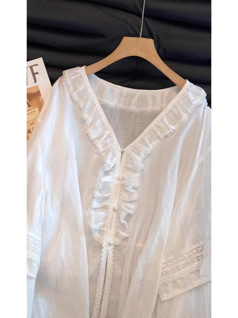 Summer Blouse With Ruffled Lace Trim Vneck Long Sleeve For Women